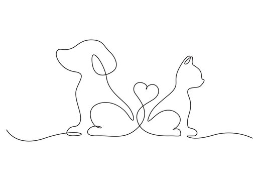 Continuous one line drawing of cat and dog love each other. Isolated on white background vector illustration. Pro vector. 