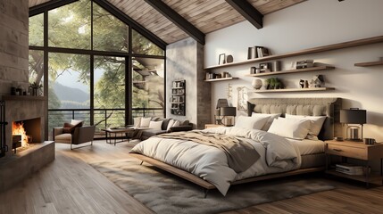 Farmhouse interior design of a modern bedroom with a fireplace and wooden floor. Big windows overlooking trees.  - obrazy, fototapety, plakaty