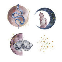 Watercolor set fantastic moon animals