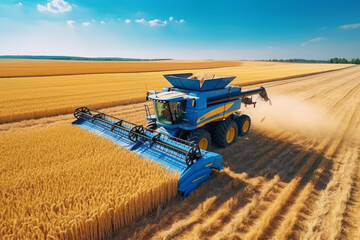 The harvest of successfully grown wheat with a large combine harvester. The fertile land extends to...