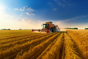 A massive combine tractor reaping the fruits of successful wheat cultivation. Expansive land stretching to the horizon. Labor sustains global food production. The concept of agriculture and production - obrazy, fototapety, plakaty