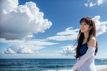 Fototapeta na wymiar 青空をバックに健康的に微笑む若い日本人女性