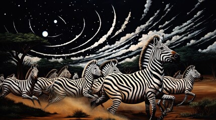  a painting of zebras running in the desert at night.  generative ai