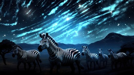  a group of zebras standing in a field at night.  generative ai