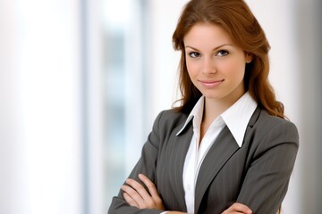 portrait of a professional businesswoman standing in the office blurry background