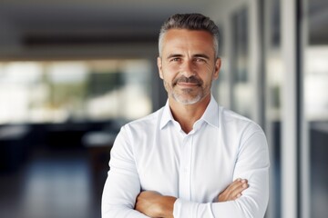 Fototapeta premium portrait of handsome business man with crossed hands standing in the office blurry background