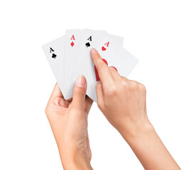 Hand Holding Cards Playing poker Game. Hand pointing card isolated on white background. Flush Winning Gambling Game on Casino