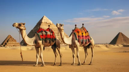 Türaufkleber Egypt. Cairo - Giza. a camel in front of There is a pyramid in the background © inthasone
