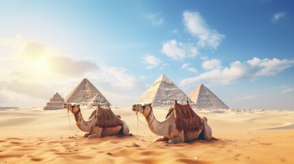 Egypt. Cairo - Giza. a camel in front of There is a pyramid in the background