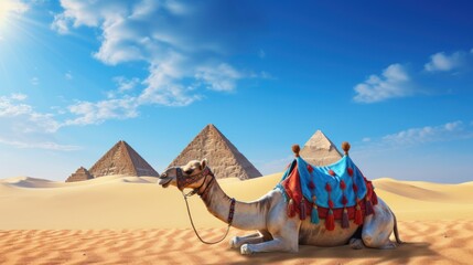 Egypt. Cairo - Giza. a camel in front of There is a pyramid in the background