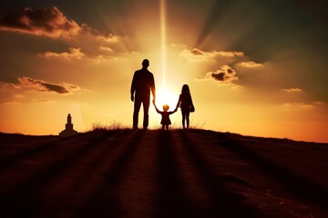 Shadow of Happy family together, parents with their little baby at sunset. A Silhouette of Love and Unity.