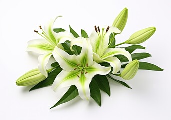 Beautiful fresh lily flower with green leaves, isolated on white background.
