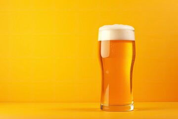 Beer glass with full beer isolated with a yellow background.