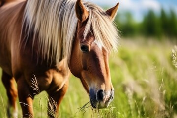 Fototapeta premium Brown horse with blond hair eats grass on a green meadow detail from the head.