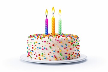 Colourful birthday cake with candles isolated on white background.