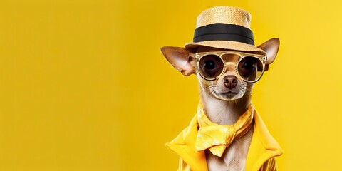Cool looking Chihuahua dog wearing funky fashion dress. space for text right side.