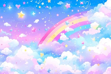 Fantasy sky rainbow. Fairy skies rainbows colors, magic landscape and dream sky.
