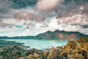 Nature landscape tropical island Bali with active volcano. Batur. Hiking at Batur volcano is popular travel destination active lifestyle travel people in Bali Indonesia