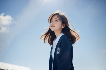 青空をバックに健康的に微笑む女子高生