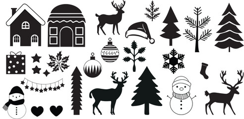 set of Christmas elements, charismas collection, snowman, gift box, charismas tree, charismas decoration, Santa clues hat, charismas wreath, ornaments, charismas, stocking  
