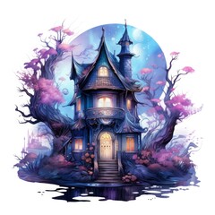 Moonlight dark themed night elf fairytale fantasy fairy house.