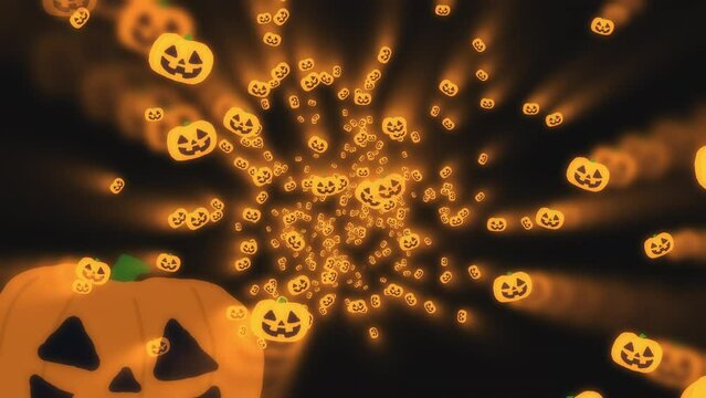 Halloween Jack-o'-Lanterns flying away on black background. Happy Halloween, abstract background.