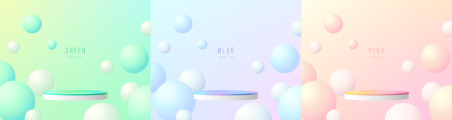 Set of 3D white cylinder pedestal podium with green, blue and pink floating bounce balls background wall scene. Abstract composition in minimal. Platforms product display presentation. Stage showcase.