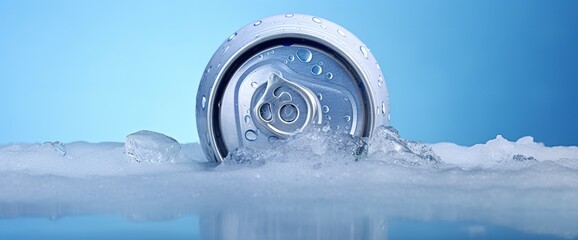Top of drink tin can iced submerged in frost ice, metal aluminum beverage.