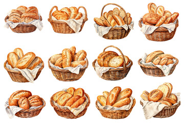 bread in basket watercolor, generative AI