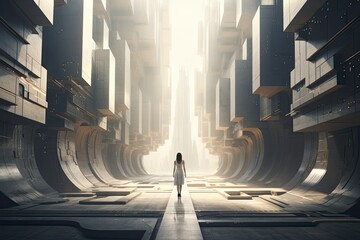 Woman walking in futuristic brutalist city street.