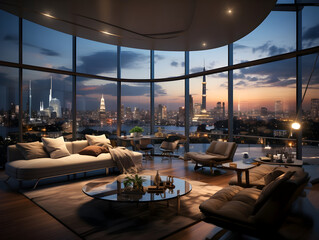 Futuristic skyline home decor with floor to ceiling windows and cityscape views generative ai - obrazy, fototapety, plakaty
