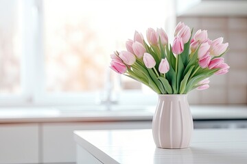 A bouquet of tulips on a white table.