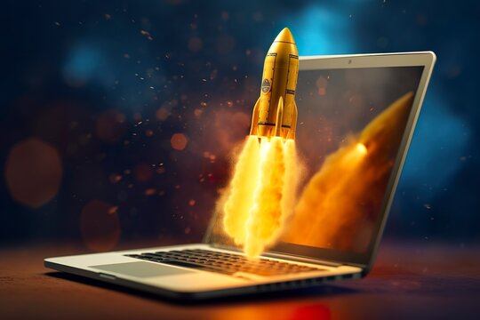 Launching a new product or service. Technology development process. Space rocket launch. 3d render. Yellow rocket lift up from the display laptop.
