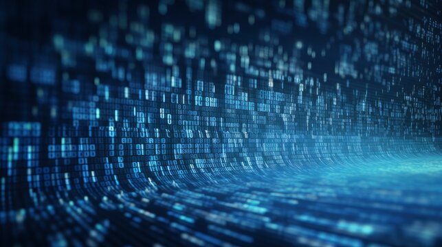 An abstract digital background with binary code and AI algorithms running in the background.