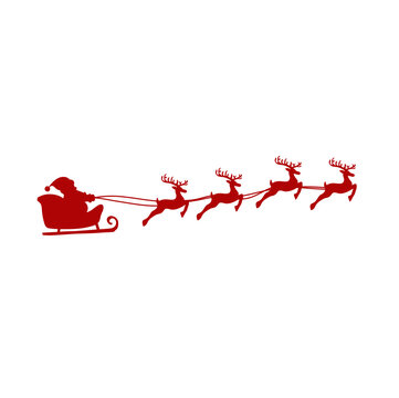 Santa Claus Silhouette in sleigh full of gifts with reindeers. Merry christmas and Happy new year decoration. 