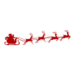 Santa Claus Silhouette in sleigh full of gifts with reindeers. Merry christmas and Happy new year decoration. 