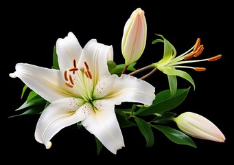 Beautiful fresh lily flower with green leaves, isolated on black background. AI Generated