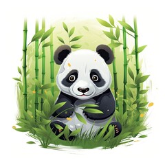 Cute panda in the middle of a bamboo forest. T-shirt design.