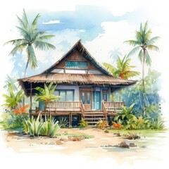 A watercolored bright serene image of a traditional bahay kubo.