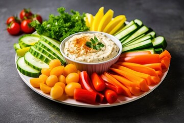 Crop shot of plate with colorful healthy sliced vegetables.