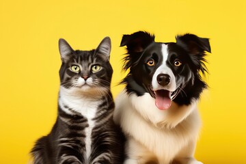 Obraz premium Cat and dog together with happy expressions on yellow background.