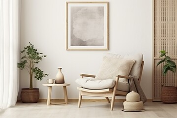 Scandinavian-style mock-up frame in a room with beige decor and a boho touch. Generative AI