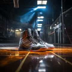 Foto op Plexiglas Close-up of a pair of basketball shoes on the court © lichaoshu