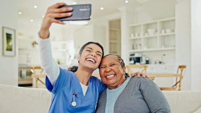 Caregiver, selfie or mature happy woman, patient and post memory photo to social network in nursing home. Charity volunteer, homecare client or medical nurse tongue out in profile picture photography