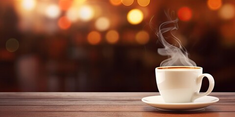 Morning elixir. Cup of espresso on wooden table. Cafe charm. Cappuccino magic in vintage atmosphere. Brewed perfection. Tea cups in soft morning light