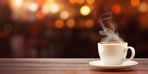 Crédence de cuisine en verre imprimé Café Morning elixir. Cup of espresso on wooden table. Cafe charm. Cappuccino magic in vintage atmosphere. Brewed perfection. Tea cups in soft morning light