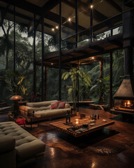 Fototapeta premium Green luxury forest villa hall interior