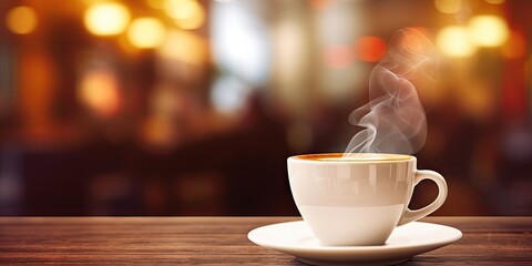 Obraz premium Morning elixir. Cup of espresso on wooden table. Cafe charm. Cappuccino magic in vintage atmosphere. Brewed perfection. Tea cups in soft morning light