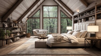 Interior design of a modern bedroom with wooden floor. Big windows with beautiful nature view.