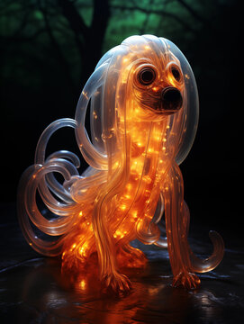 Virtual glowing dog-shaped elf in the forest